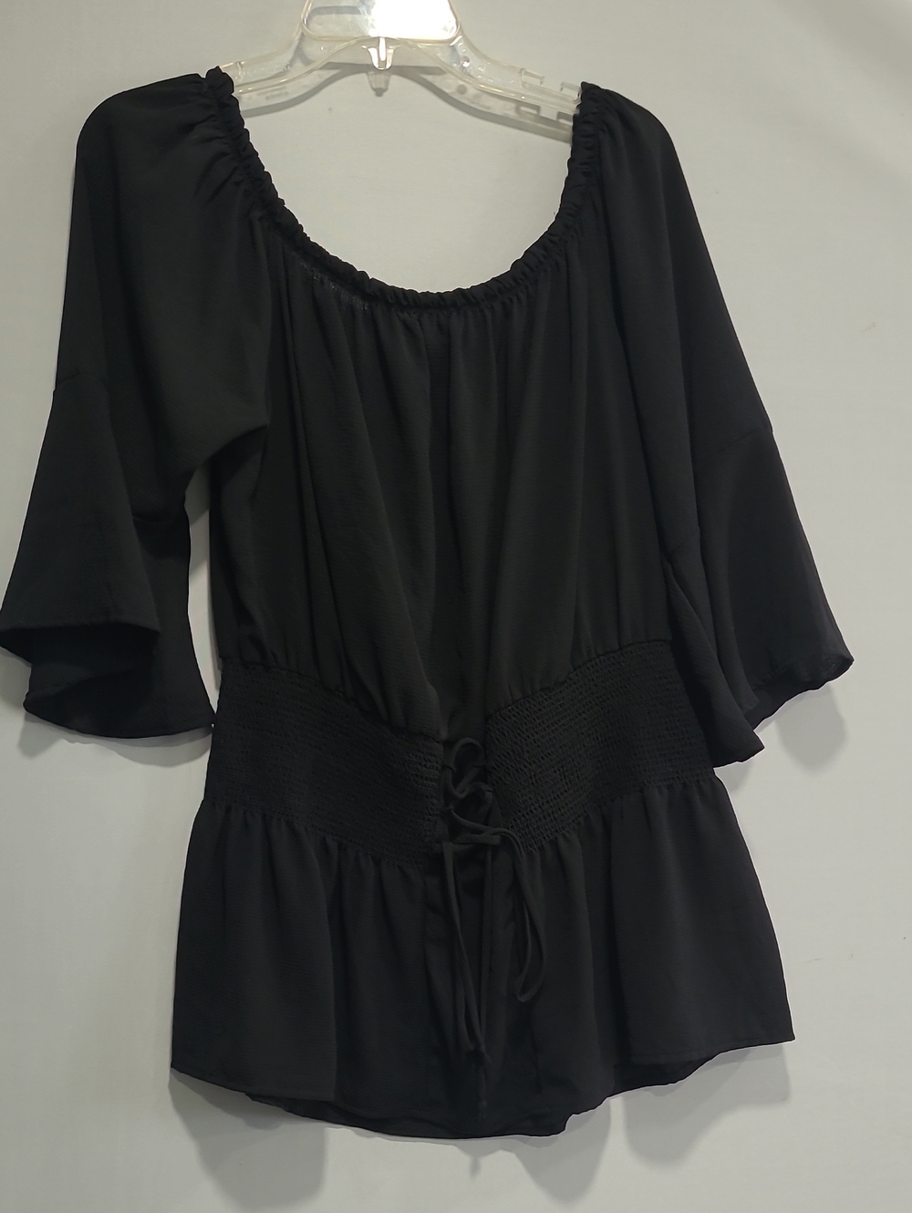Wishful Womens Black Cinched-Waist Bohemian/Peasant Top With Bell Sleeves 2XL